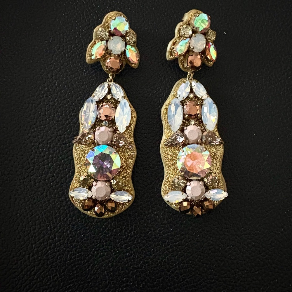J. Crew Gold and Iridescent jewels Earrings on lightweight Leather base vintage